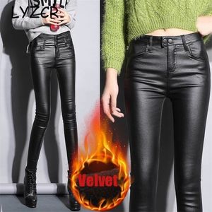 Leggings invernali in pelle Velluto Donna Vita alta Pantaloni in ecopelle PU da donna Leggins in pelle skinny Pantaloni Leggings elasticizzati T191216