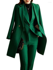 Women's Two Piece Pants High Quality Autumn Winter Women 3 Set Pant Suit Formal Green Ladies Business Work Wear Long Blazer Jacket And