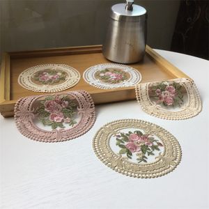 Vintage Romantic Floral Cup Mats for Drinkware Handmade Embroidery Craft European Style Lace Fabric Washable Placemat