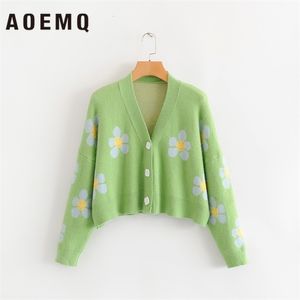 Aoemq moda kış kazakları sevimli açık yeşil sembol yaşam bahar kazakları çiçek baskı ile kadın üstleri Noel kazakları T191019