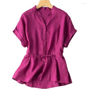 Blouses feminina colar de gola em V Women Women Women Shirve Blouse Shirts Sashes Primavera Summer Cotton Tops de trabalho roxo 2022