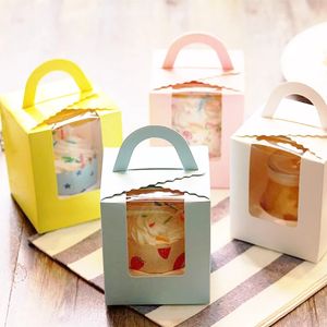 Single Cupcake Boxes With Clear Window Handle Portable Macaron Boxs Mousse Cake Snack Boxes Paper Package Box Birthday Party Supply