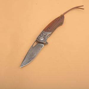 R1101 Flipper Składanie noża Damascus stalowe punkt kropli ostrze Rosewood z rzeźbią stalową klamkę Łożysko kulkowe Szybkie otwarte noże z folderów EDC