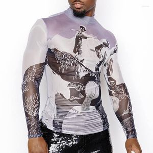 T-shirt da uomo AIIOU Grafica americana Stile streetwear T-shirt sottili da uomo a maniche lunghe con glitter prospettiva Camiseta