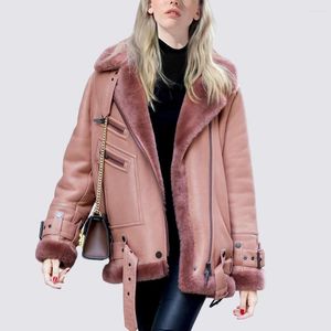 Kvinnors päls ryska vinter kvinnor faux kappa rosa blå elfenben kvinna läderjackor ytterkläder rockar streetwear fordon överrock