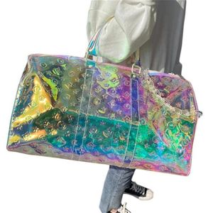 Benutzerdefinierte Laser geprägte transparente weibliche Tasche Reisetaschen große Kapazität Casual Totes Sommer Frauen Handtaschen Duffel236g