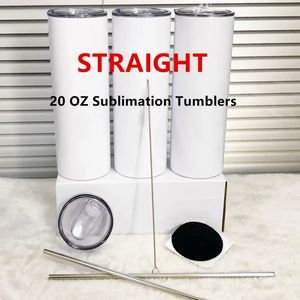 US Warehouse 20oz Sublimartion Straight tumblers with Steel Straw Lid Stainless Steel tumbler Coffee Mug Sublimation Blanks Water Bottle 50cups/box SS1101