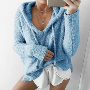 Sweaters de mujeres Mujeres P￡ramo casual con capucha V cuello su￩ter de vell￳n de la moda