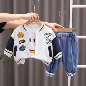 Esporte primavera crianças meninos meninas conjuntos de roupas algodão bebê hoodies casaco camiseta calças jeans 3 pçs/sets moda criança agasalho