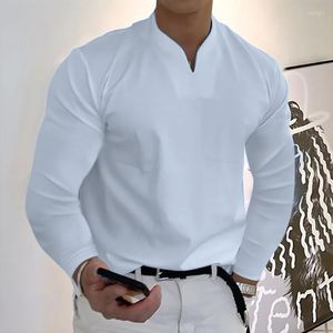Herrpolos m￤n toppar solid f￤rg smal passande l￥nga ￤rmar pullover f￤rgfast v hals casual h￶stskjorta kl￤der herr t-shirts