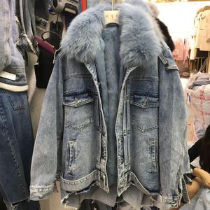 Kadın Ceketleri Kış Kadınlar Uzun Gerçek Kürk Yakası Denim Kadın Yarasa Kollu Astar Gevşek Parkas Kalın Sıcak Ceket F2417