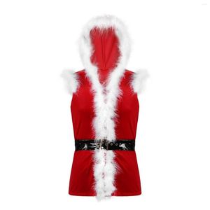 Men's Vests Men Christmas Vest Velvet Santa Claus Cosplay Sleeveless Jacket Coat Hooded Slim Fit Faux Fur Trim Waistcoat With Belt