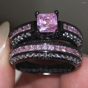 Bröllopsringar Choucong Brand Design Pink Stone 5A Zircon 10kt Black Gold Filled Engagement Band Ring Set SZ 5-11 Gift