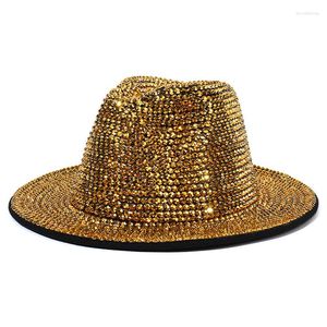 Basker Autumn Winter Women Rhinestone Decor Jazz Hat Wide Brim Wool Felt Fedora Hatts With Crystal Men Party Wedding Formal Cap Golden