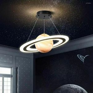 Pendant Lamps Stained Glass Space Planet Lamp Modern Minimalist Boy Girl Children's Room Hanging Nordic Creative Round Black Chandelier