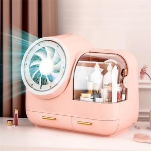F￶rvaringsl￥dor Makeup Organisation Box Dammt￤t skrivbord Finish Mask Lipstick Skin Care Cosmetic Shelf LED Light Fan Mirror