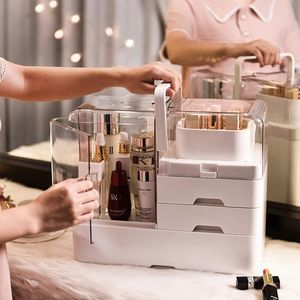 Aufbewahrungsboxen Make -up -Veranstalter großer Kapazitätsbox staubdeser tragbarer Desktop -Schminktisch zum Organisieren von Hautpflegeprodukten Rack