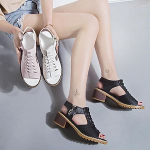 Sandals 2022 Summer Women Post Slingback Square Mid-heel Flip Toe Rubber Sole Solid Casual Leisure Shoes Ladies