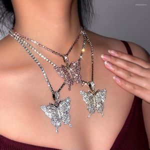 Chains Pink Rhinestone Big Butterfly Pendant Necklaces For Women Gold Silver Color Crystal Tennis Chain Clavicle Choker Fashion Jewelry