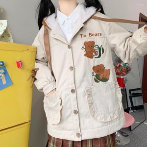 Kadın Trençkotları Sonbahar Kış Kadın Kawaii Ayı İşlemeli Kadife Ceket Japon Öğrenci Kalın Beyzbol Üniforma Pamuk