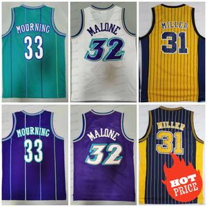 Retro 33 Alonzo Mourning Throwback Basketball Jersey 32 Karl Malone Reggie 31 Mens Stitched Basketball Jerseys Green Purple