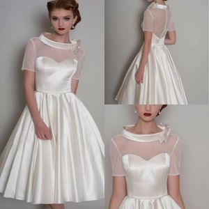 Elegant a-line kort bröllopsklänning 2023 för brud korta ärmar o-hals illusion tillbaka tyll satin boho brudklänningar skräddarsydd vestidos de noiva