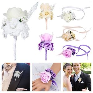 Kwiaty dekoracyjne 1PC Wedding Men Men Cororsages i Boutonnieres White Rose Silk Vintage Brooch Party Bridal Prom Akcesoria