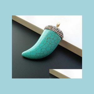 Pendant Necklaces 5Pcs Tophus Pave Pendant Horn Ivory Shape Tusk Rhinestone Crystal Caps Natural Blue Tooth Pd001 Drop Delivery 2022 Dhmnk