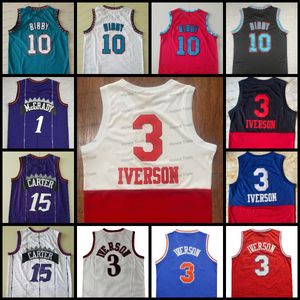 10 Bibby Throwback Basketball Jersey 15 Vince Carter Purple McGrad 3 Allen Iverson Retro Mens сшитые баскетбольные майки Green Red