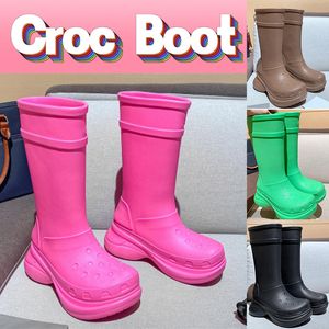 Women Designer boots Paris Croc Boot Rain booties 20MM long Arch EVA Rubber platform knee high Rainboots brown green bright pink black