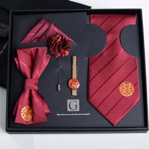 Bow Ties Wedding Tie Set för män 8 cm röd formell festklänning kostym slips bowtie corsage ficka fyrkant och klipp mäns gåva med låda
