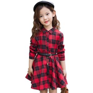 Girl's Dresses Girl Fashion Plaid Shirt för flickor Single-Breasted Kids Party med Sashes Autumn England kläder 221101