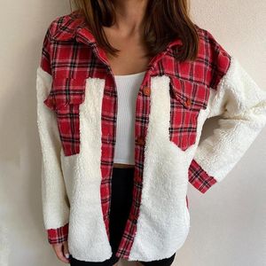 Kurtki damskie moda jesień Sherpa polarowe koszule długie rękawy szwy w krato patchwork kieszonkowy bluzka bluzka lampart damski