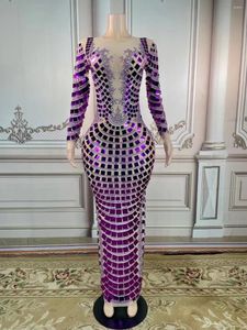 Stage Wear Sexy Purple Sequins Rhinestones Transparent Sleeves Dress Birthday Celebrate Outfit Women Dancer Show Prom