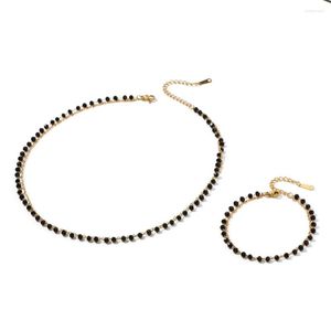 Collana Orecchini Set Youthway Chic Doppio Strato Perle Di Vetro Nero Bracciale Di Due Gioielli Squisiti In Acciaio Inossidabile Impermeabile