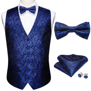 Coletes Masculinos Azul Mens Casamento Colete Paisley Jacquard Folral Colete Seda Lenço Conjunto Gravata Laço Barry.Wang