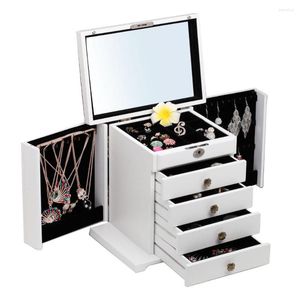 Storage Boxes Large White Wooden Jewelry Box Necklace Display Stand Brown Cabinet Flowers Print Mirror Keys'