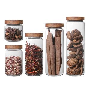 Wood Lid Glass Airtight Canister Kitchen Storage Bottles Jars Container Grains Coffee Beans Grains Candy Jar Containers