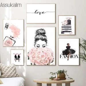 Leinwand Malmalerei rosa Fashion Poster Wandmurmalparfüm Flasche Kunst Drucke Turm Kunst Gemälde Mädchen Wohnzimmer Home Poster Nordic Wall Bilder Schlafzimmer Dekoration