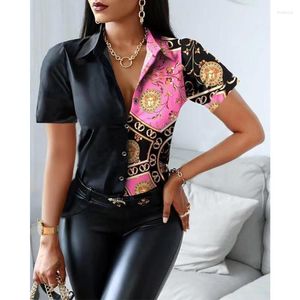 Frauen Blusen V-ausschnitt Casual Vintage Schlank Stil Shirts Für Frauen 2022 Sommer Farbe Passenden Kette Drucke Kurzen Ärmeln 2xl Großhandel