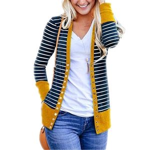 Cardigan listrado Mulheres suéter de manga longa V Cardigans de malha casual de pescoço Mujer Spring Autumn Winter Casaco feminino Plus Tamanho T190907