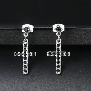 Stud Earrings Cross For Women Classic Simple Iced Out Cubic Zirconia Black Crystal Silver Color Dangle Ear Fashion Jewelry E328