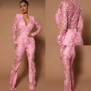 Pink Lace Jumpsuits Prom Dresses with 3D Floral Flower Appliques, V-Neck Long Sleeves Illusion Formal Evening Gowns for Women's Special Occasion Celebrity Party Wear