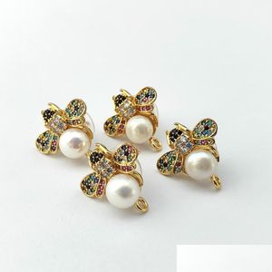 Stud Bees Insects Stud Earrings Post With Loop Hanger Pearl Cz Micro Paved For Diy Women Jewelry Earring Findings Drop Delivery 2022 Dhpej