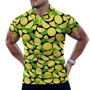 Polo da uomo Polo con stampa giallo limone Camicia casual da uomo con foglie verdi T-shirt con colletto di tendenza estiva Top oversize con grafica a manica corta