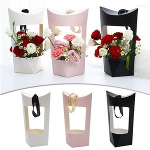 Presentförpackning Portable Flower Box Kraft Paper Handbag Packaging Bag Florist Handy Wrapping Wedding Party Favor Bouquet Cardboard