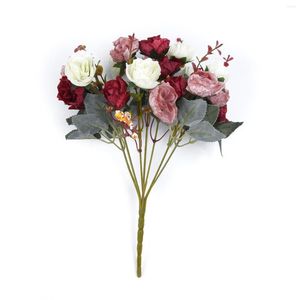 Decorative Flowers Artificial Rose Flower Bouquet 21 Heads Silk Pink Fake Leaf For Vase Home Wedding Decoration 32cm