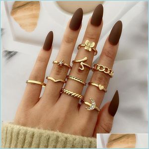 Ringos de cluster Ringos de cluster Lua da lua Crystal Hollow Chain Deding Knuckle para mulheres Bohemian Butterfly Heart Charm Ring femal dhrka