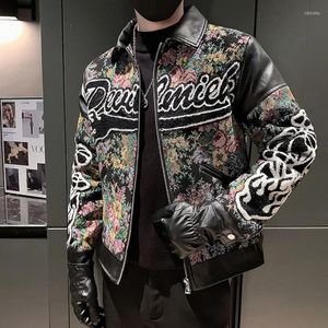 Kurtki męskie jesienno-zimowy kwiatowy Print moda męska Pu łączenie Bomber płaszcz na co dzień Slim Social Streetwear Masculina odzież 2022