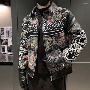 Men's Jackets Autumn Winter Floral Print Men Fashion Pu Splicing Bomber Casual Coat Slim Social Streetwear Masculina Clothing 2022